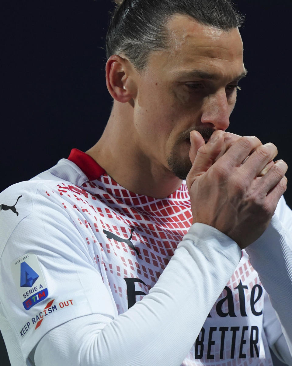 AC Milan's Zlatan Ibrahimovic wears a jersey sporting a badge reading "Keep racism out" as part of the new anti-racism campaign launched last Sunday by the Italian soccer League, during a Serie A match between Fiorentina and AC Milan at the Artemio Franchi stadium in Florence, Italy, Sunday, March 21, 2021. Serie A’s efforts to combat racism inside its stadiums was in shambles little more than a year ago when league CEO Luigi De Siervo decided to take matters into his own hands. (Spada/LaPresse via AP)