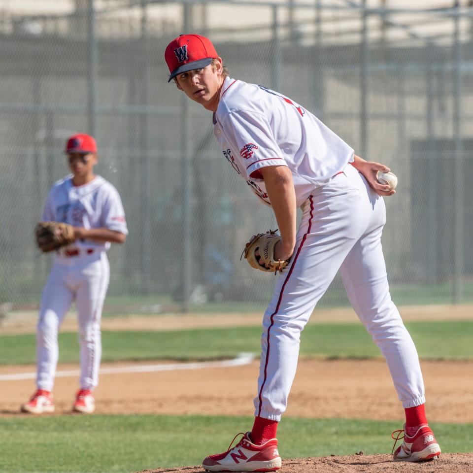 Tulare Western's Jack Anker pitches against Mt. Whitney in a non-league high school baseball game on Thursday, April 8, 2021.