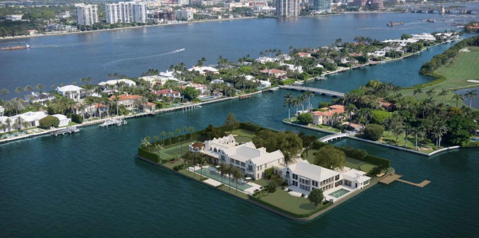 A digitally enhanced rendering presented to the Landmarks Preservation Commission shows the now-completed renovation-and-expansion project of a 1940s-era house at 10 Tarpon Isle, foreground, on Palm Beach's only private island. Its property tax bill for 2023 is $1.16 million.