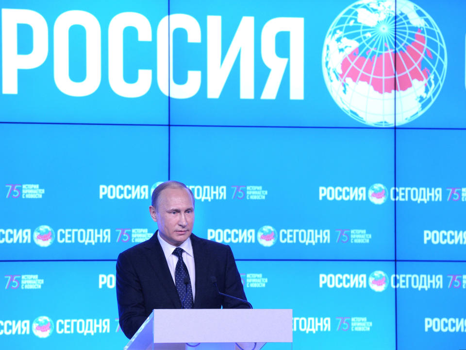 Russian President Vladimir Putin addresses employees of Rossiya Segodnya media holding (Sputnik) in Moscow in 2016. (Photo: Mikhail Klimentyev/Sputnik, Kremlin Pool Photo via AP)