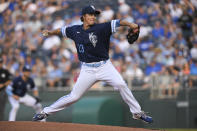 Kansas City Royals starting pitcher Zach Greinke throws against the Oakland Athletics during the first inning of a baseball game, Friday, June 24, 2022, in Kansas City, Mo. (AP Photo/Reed Hoffmann)