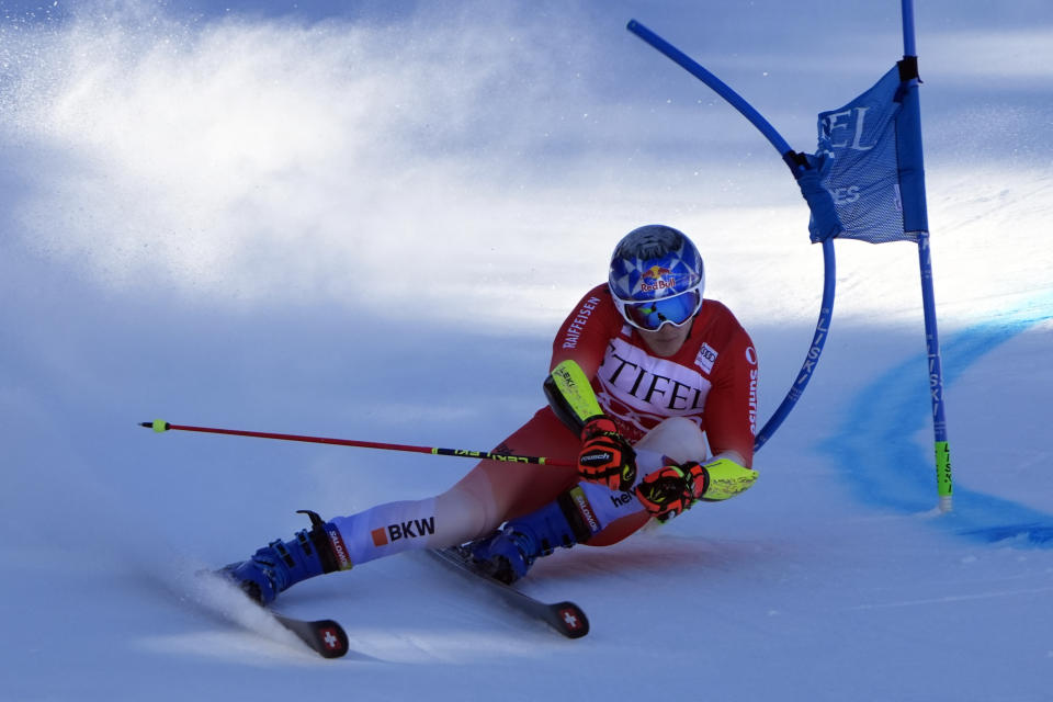 Marco Odermatt, of Switzerland, competes during a men's World Cup giant slalom skiing race Saturday, Feb. 24, 2024, at Palisades Tahoe ski resort in Lake Tahoe, Calif. (AP Photo/Robert F. Bukaty)