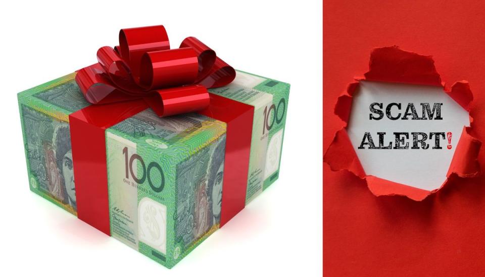 Compilation image of $100 notes wrapped up with a bow and a scam alert under ripped paper.