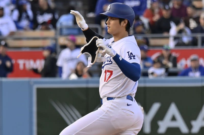 Los Angeles Dodgers designated hitter Shohei Ohtani totaled a league-high 67 total bases through his first 115 plate appearances this season. File Photo by Jim Ruymen/UPI