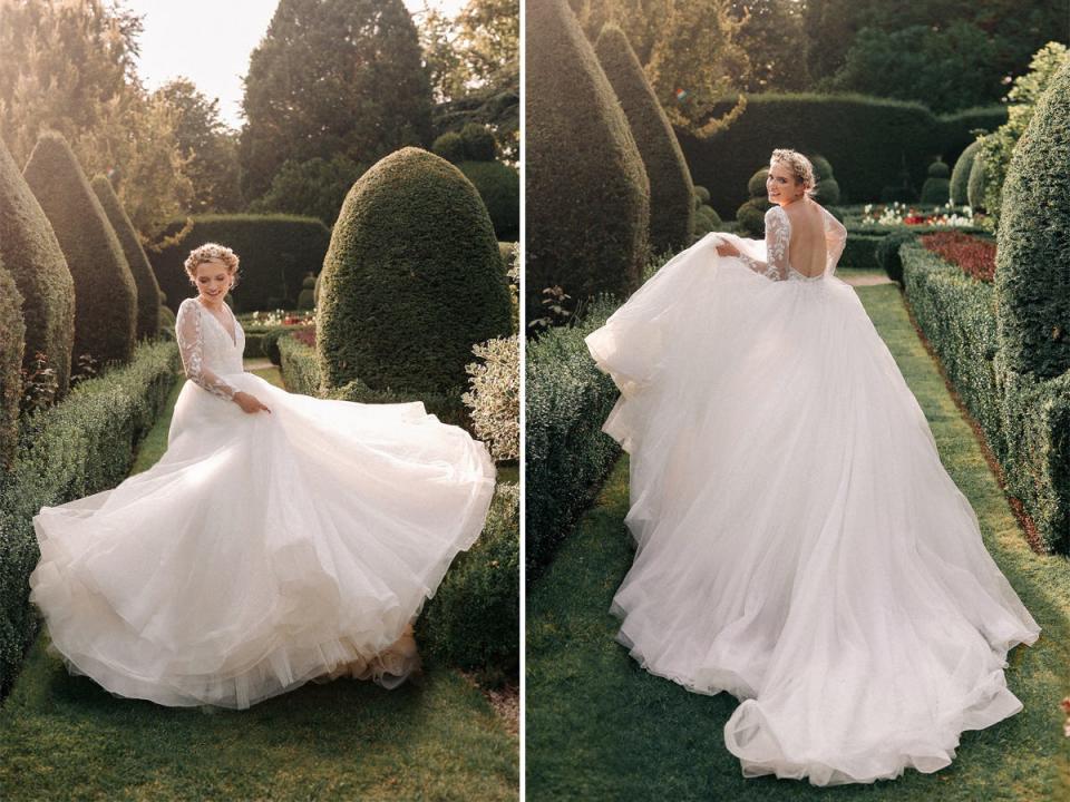 A front and back shot of a person in their wedding dress in a garden.