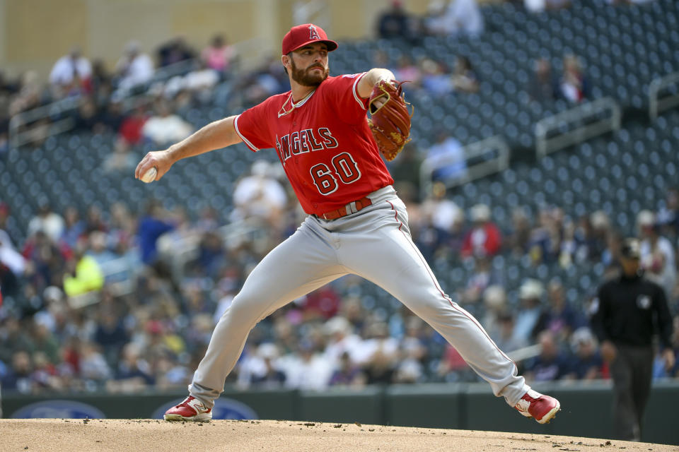 Los Angeles Angels pitcher Andrew Wantz throws against the Minnesota Twins during the first inning of a baseball game Sunday, Sept. 24, 2023, in Minneapolis. (AP Photo/Craig Lassig)