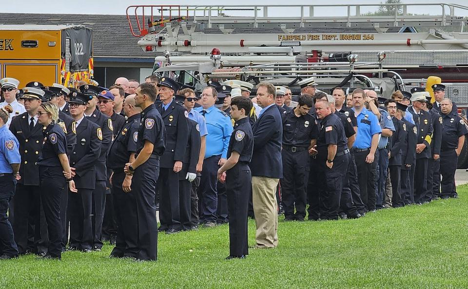Emergency personnel are shown attending the memorial service for Fuller Hose Co. volunteer Shawn Giles on Aug. 25, 2023.