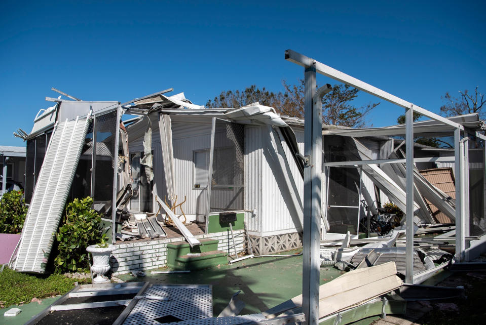 A damaged home in the Poinsettia Mobile Home Park. (Tina Russell for NBC News)