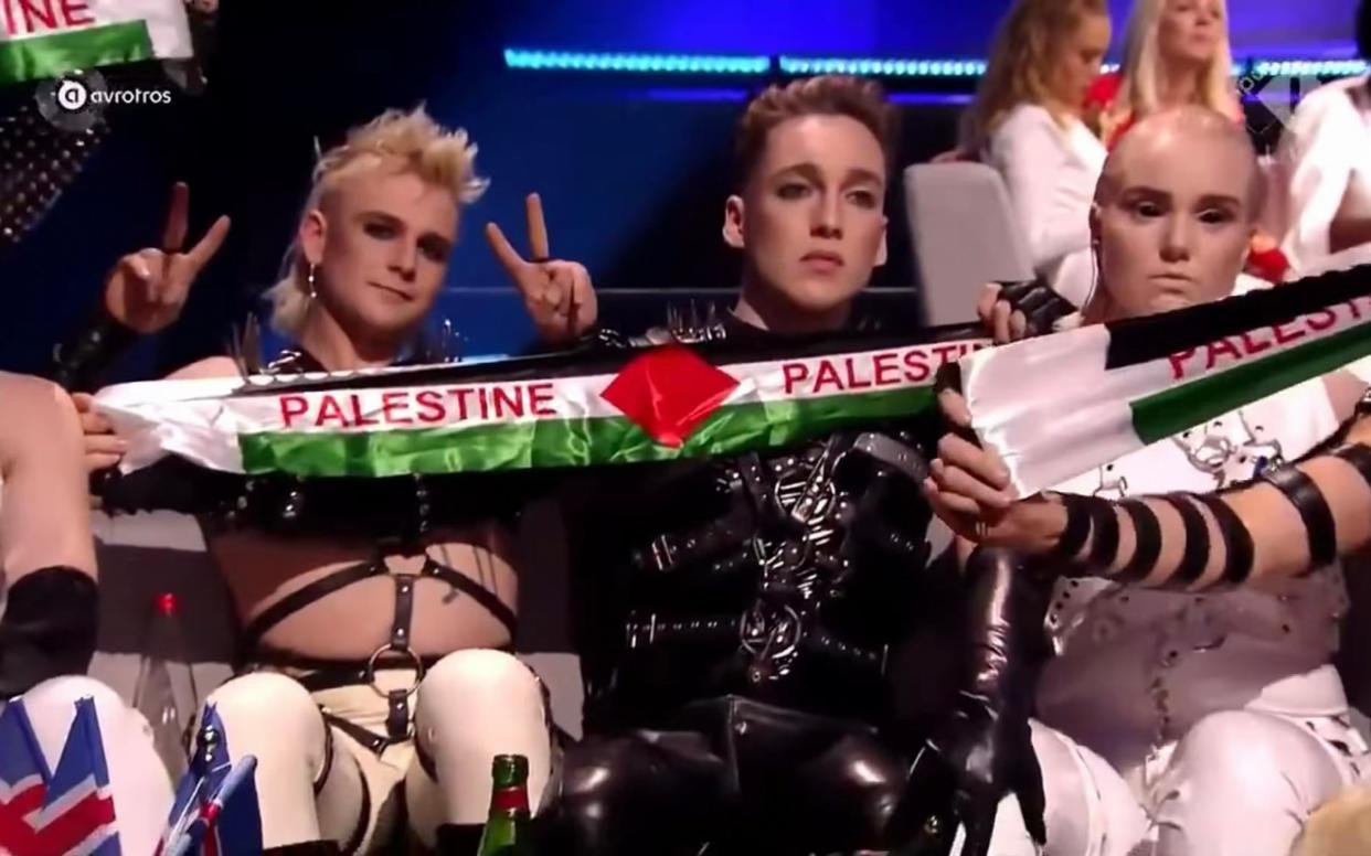 Icelandic band Hatari with Palestinian colours at the 2019 Eurovision contest in Tel Aviv