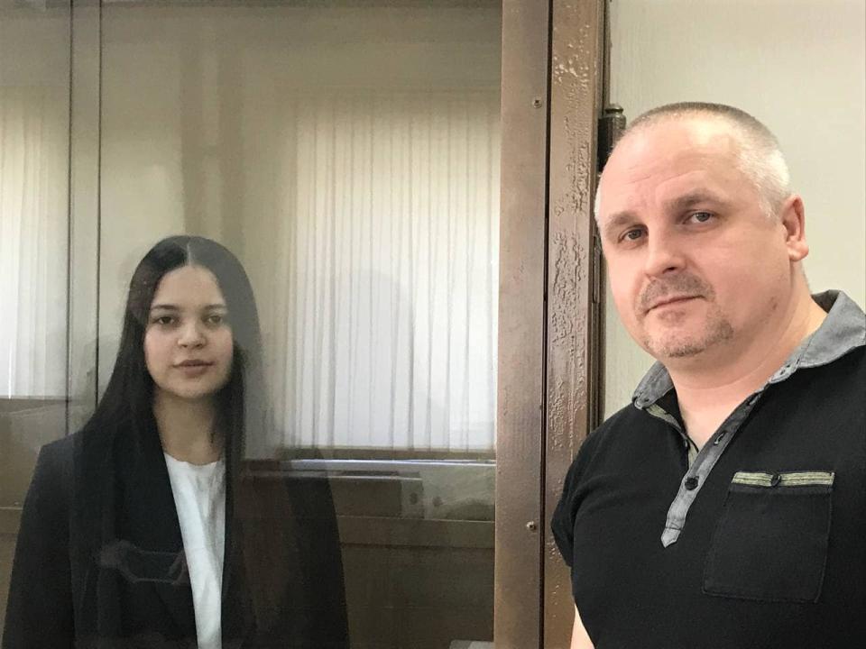 Leniye Umerova and her lawyer, Dmitriy Dinze, during a court hearing in Moscow on July 4, 2023. (Aziz Umerov)