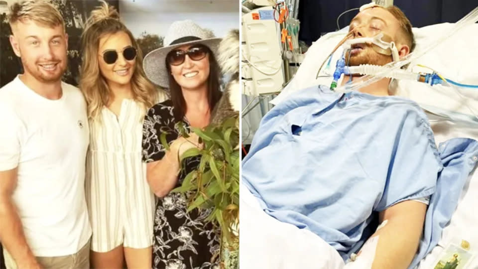 Pictured here, Danny Hodgson with family on the left and in a coma on the right after a Perth assault.