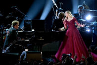 <p>Elton John and Miley Cyrus perform onstage during the 60th Annual Grammy Awards at Madison Square Garden on January 28, 2018, in New York City. (Photo: Getty Images) </p>