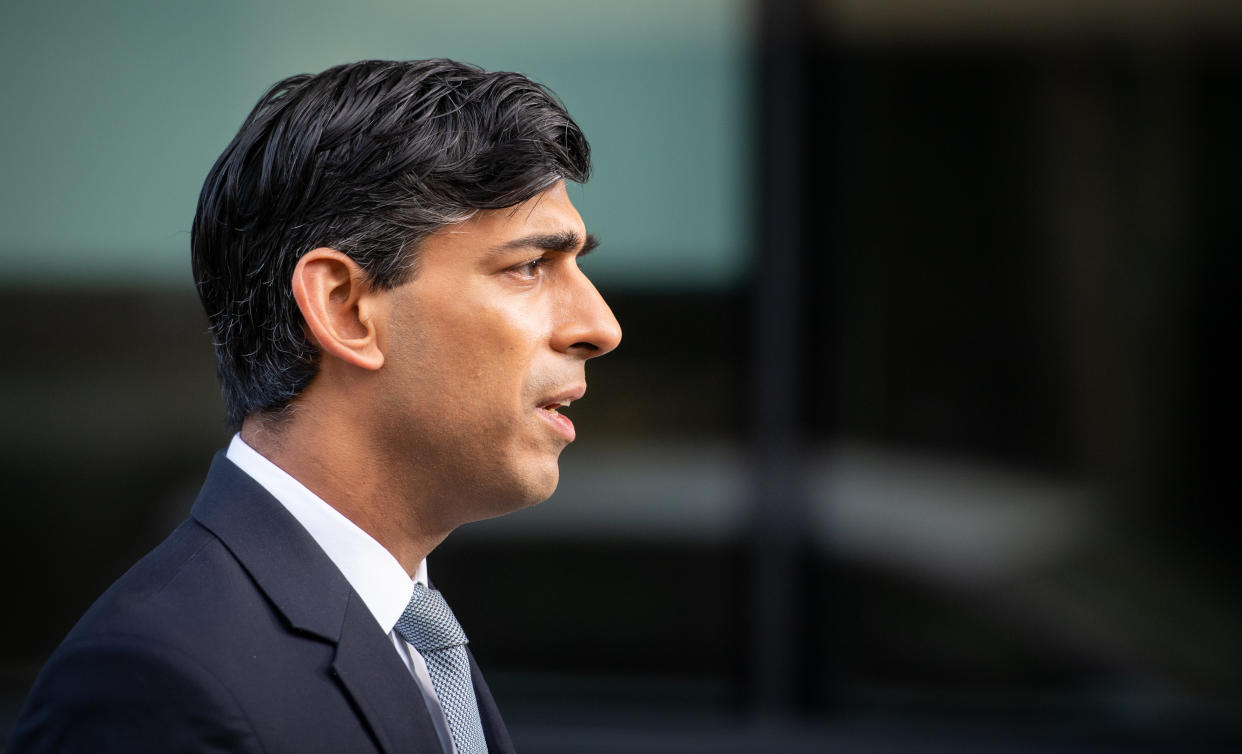 Chancellor of the Exchequer Rishi Sunak is interviewed via videolink for Sky News' Sophy Ridge on Sunday, outside BBC Broadcasting House in central London.