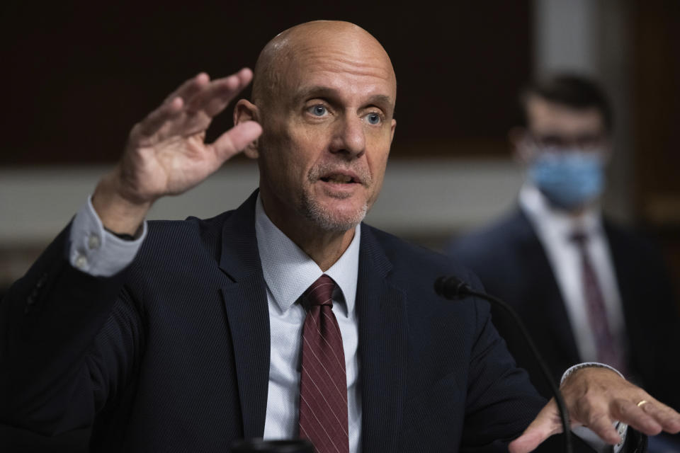 Dr. Stephen Hahn, commissioner of the U.S. Food and Drug Administration, testifies during a Senate Senate Health, Education, Labor, and Pensions Committee Hearing on the federal government response to COVID-19 on Capitol Hill Wednesday, Sept. 23, 2020, in Washington. (Graeme Jennings/Pool via AP)