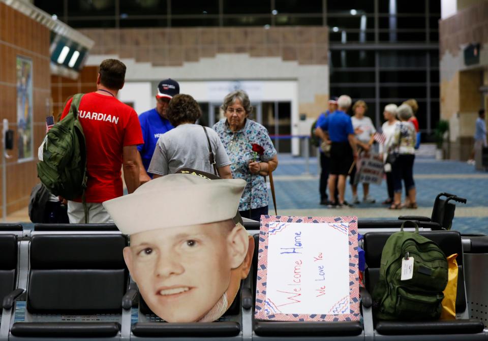 Hundreds of people came out to the Springfield-Branson National Airport to greet veterans as they returned home from an Honor Flight of the Ozarks trip to Washington D.C. on Tuesday, Aug. 23, 2022.