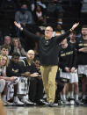 Wake Forest head coach Steve Forbes reacts against Northwestern in the first half of an NCAA college basketball game on Tuesday, Nov. 30, 2021, at the Joel Coliseum in Winston-Salem, N.C. (Allison Lee Isley/The Winston-Salem Journal via AP)