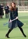 <p>There is literally nothing more British than a tartan jacket, and it’s obviously versatile considering Kate wore hers (with heeled boots!!) to play <em>field hockey</em> at her alma mater in 2012—perhaps not too surprising considering she wore wedges to play volleyball.</p>