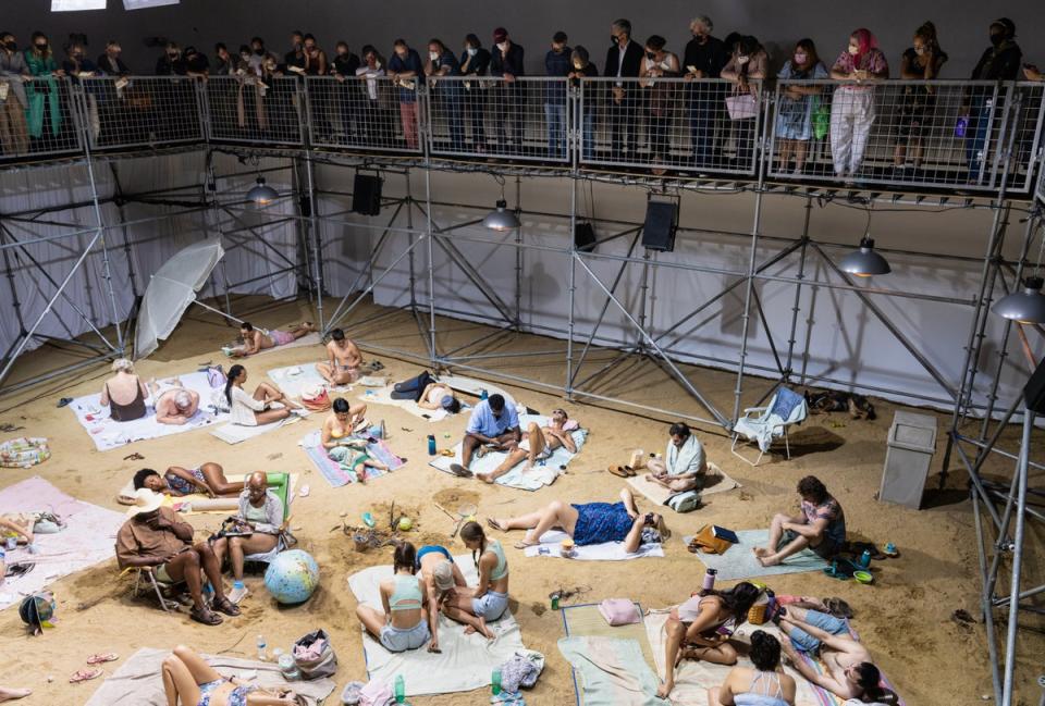 Sun & Sea at Los Angeles MOCA - the audience observes the action, such as it is, from a gallery above (Elon Shoenholz)