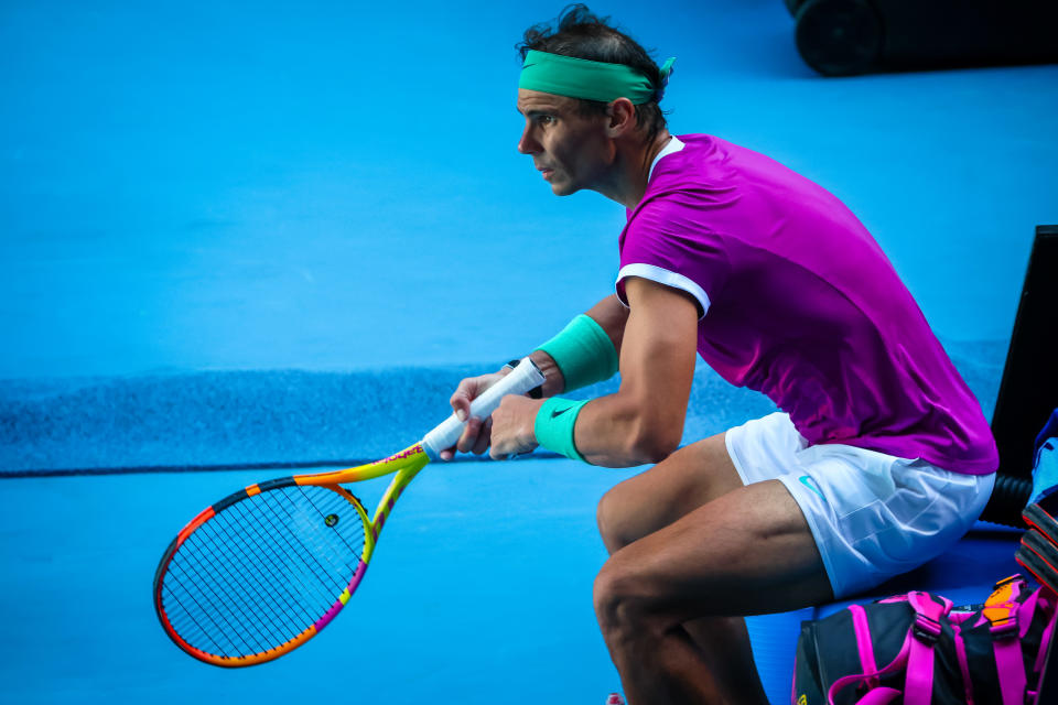 Rafael Nadal (pictured) sitting down during a quarter finals match against Denis Shapovalov.