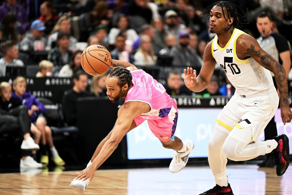Breakers’ Parker Jackson-Cartwright fights to maintain control as he is guarded by Utah Jazz guard Josh Christopher (10) as the Utah Jazz and the New Zealand Breakers play at the Delta Center in Salt Lake City on Monday, Oct. 16, 2023. Jazz won 114-94.