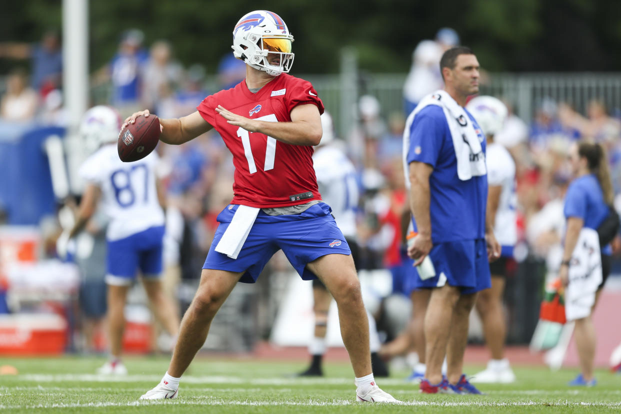 PITTSFORD, NEW YORK - JULY 24: Josh Allen #17 of the Buffalo Bills throws during Bills training camp at Saint John Fisher University on July 24, 2022 in Pittsford, New York. (Photo by Joshua Bessex/Getty Images)