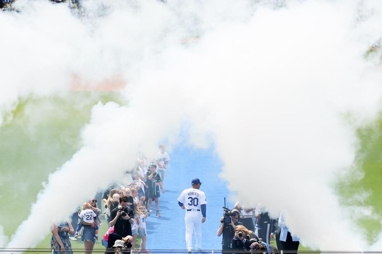 Los Angeles Dodgers manager Dave Roberts is introduced before the game.