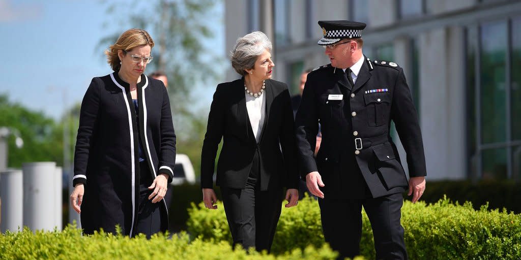 Theresa May speaks to the chief of Greater Manchester Police