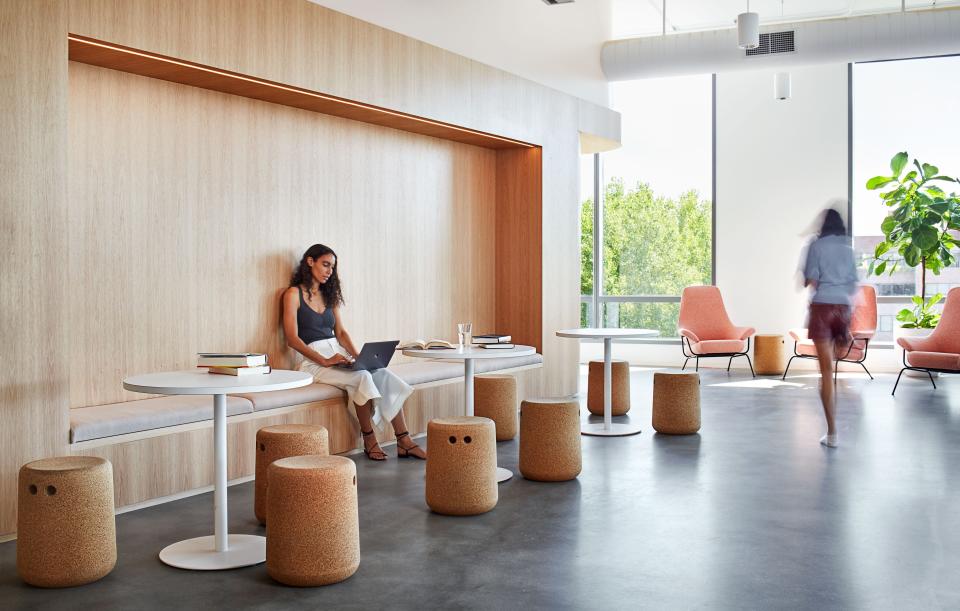 Modus stools and Hem chairs are easily rearranged for all-team meetings.