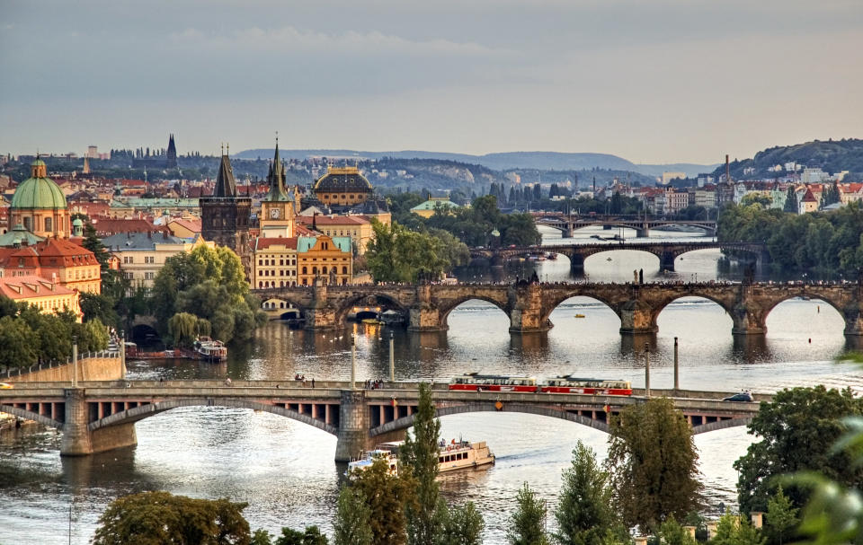 View from Letna to Prague city and Charles Bridge that crosses Vltava river, Prague.