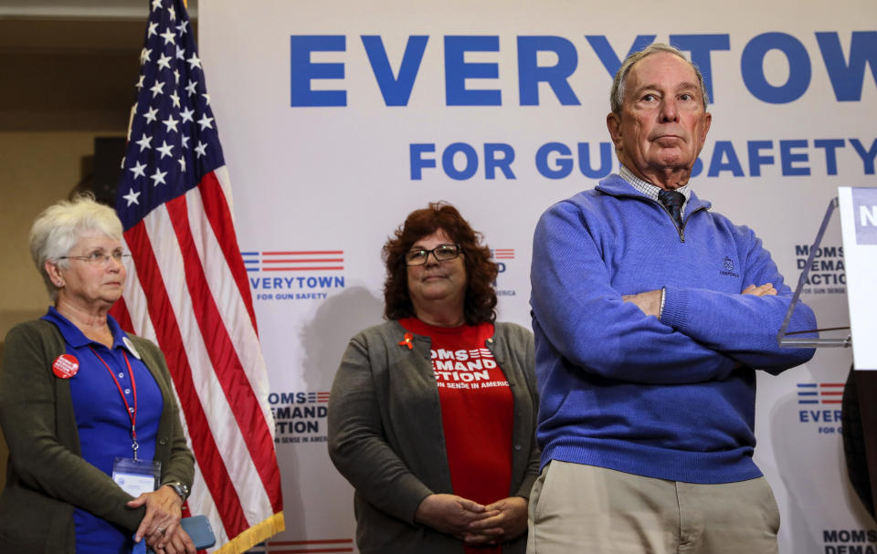 Former New York City Mayor Michael Bloomberg takes questions after speaking at a Moms Demand Action gun safety rally at City Hall in Nashua, N.H. Saturday, Oct. 13, 2018. (AP Photo/ Cheryl Senter)