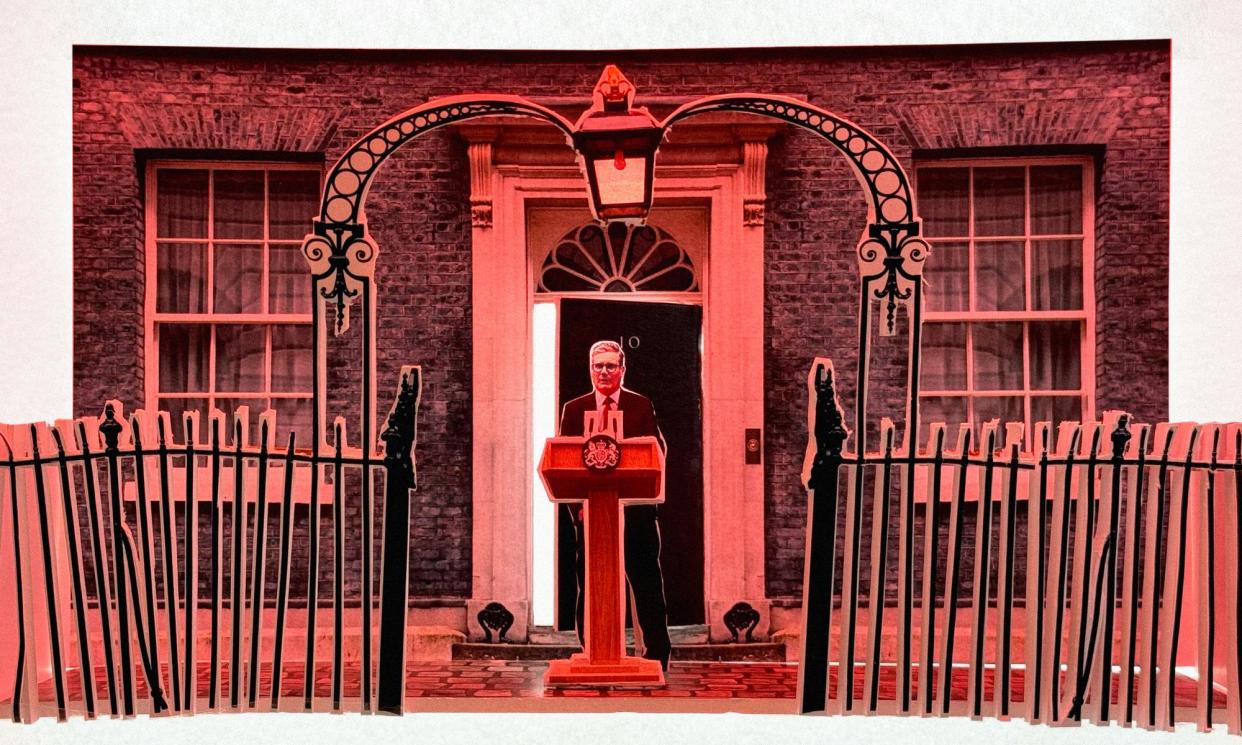 <span>Keir Starmer gives his acceptance speech in Downing Street.</span><span>Composite: AP / Reuters / Getty / Guardian Design</span>