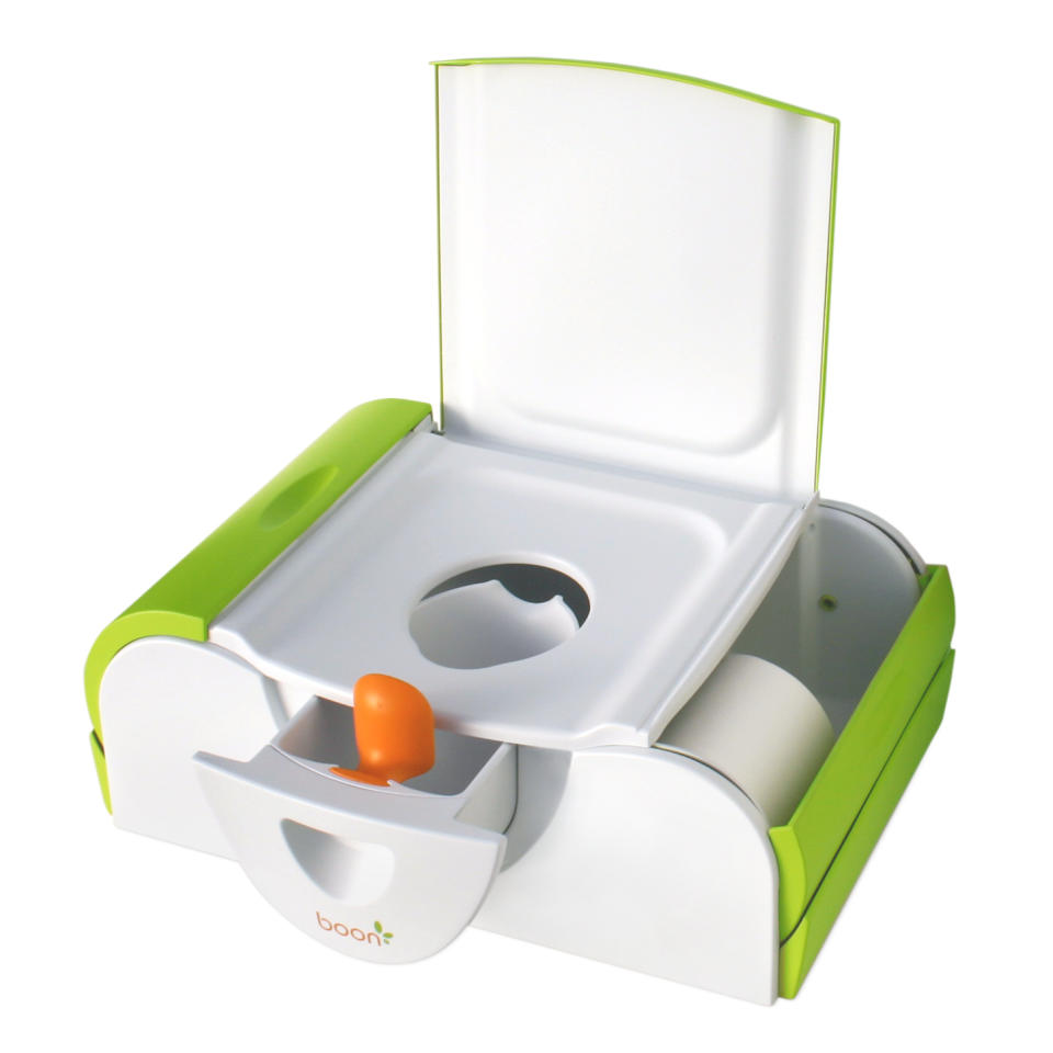 This product image released by Boon shows the Boon Potty Bench with side storage spaces for books, training supplies and wipes. For some parents, summertime is potty training time. And like so many aspects of life with kids, potty training means gear, lots of gear. The choices in potty seats and chairs proliferated and sprouted all manner of bells and whistles. (AP Photo/Boon)