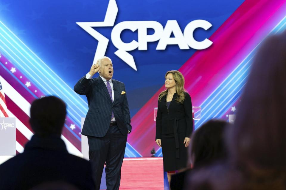 Matt Schlapp, chairman of the American Conservative Union, left, and his wife, Mercedes Schlapp, speak during CPAC on Feb. 22, 2024. <a href="https://mapi.associatedpress.com/v2/items/55f8f390e5c647f0947596928ee8e93d/preview/AP24053598501397.jpg?wm=api&tag=app_id=1,user_id=904438,org_id=101781" rel="nofollow noopener" target="_blank" data-ylk="slk:Jose Luis Magana/Associated Press;elm:context_link;itc:0;sec:content-canvas" class="link ">Jose Luis Magana/Associated Press</a>