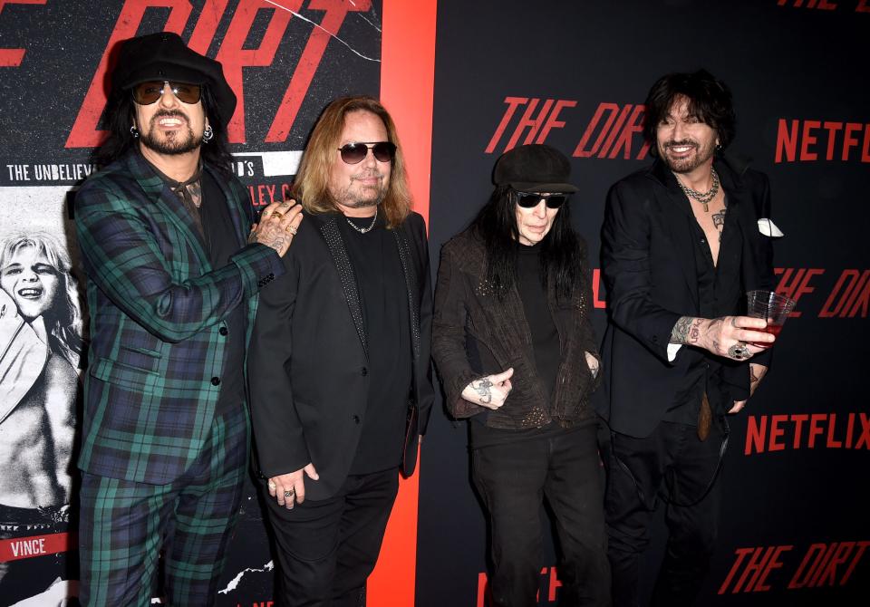 Nikki Sixx, Vince Neil, Mick Mars and Tommy Lee of Motley Crue arrive at the premiere of Netflix's "The Dirt" at ArcLight Hollywood on March 18, 2019, in Hollywood. (Photo by Kevin Winter/Getty Images)