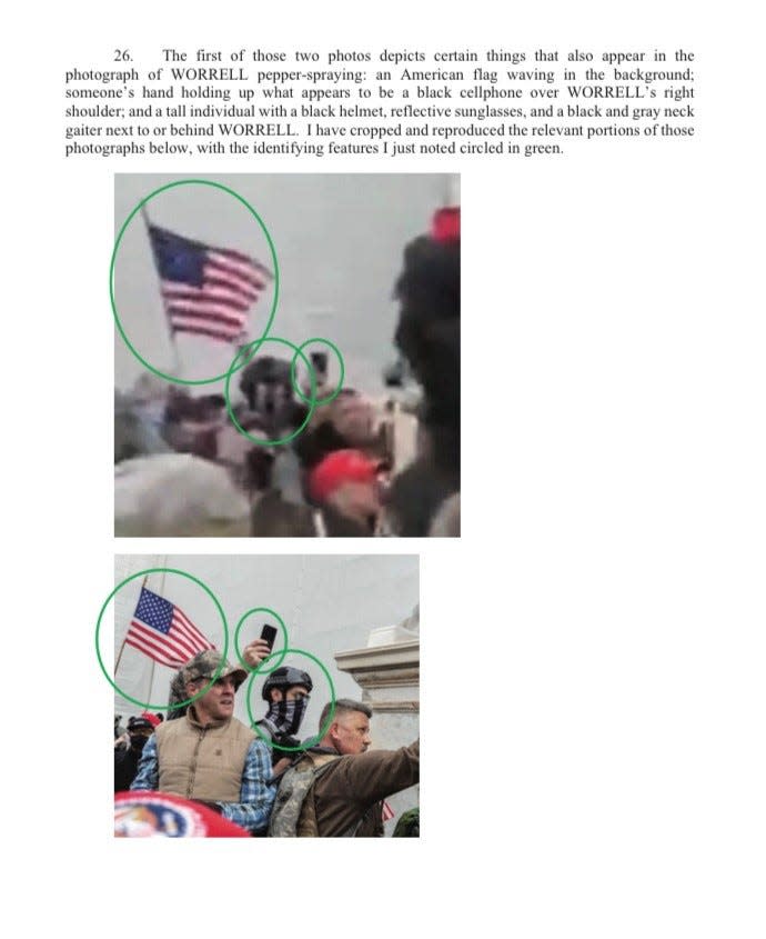 An FBI complaint revealed these photos that "depicts certain things that also appear in the 
photograph" of Christopher Worrell pepper-spraying, "someone hand holding up what appears to be a black cellphone over WORRELL’s right shoulder; and a tall individual with a black helmet, reflective sunglasses, and a black and gray neck gaiter next to or behind WORRELL," the complaint reads. "I have cropped and reproduced the relevant portions of those 
photographs below, with the identifying features I just noted circled in green," the FBI agent stated in the complaint, signed March 10, 2021, by a federal magistrate.