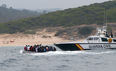 Spanish civil guards try to stop to migrants before disembarking from a dinghy at "Del Canuelo" beach after they crossed the Strait of Gibraltar sailing from the coast of Morocco, in Tarifa, southern Spain, July 27, 2018. REUTERS/Stringer