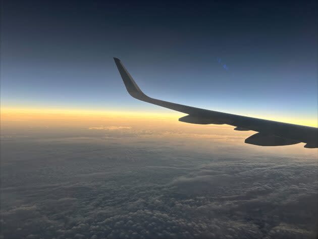 The view from a flight above western New York as the sky darkened. (GeekWire Photo / Kurt Schlosser)