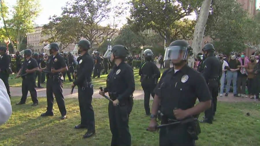 Police in riot gear dispersing pro-Palestinian demonstrators at the University of Southern California on April 24, 2024. (KTLA)