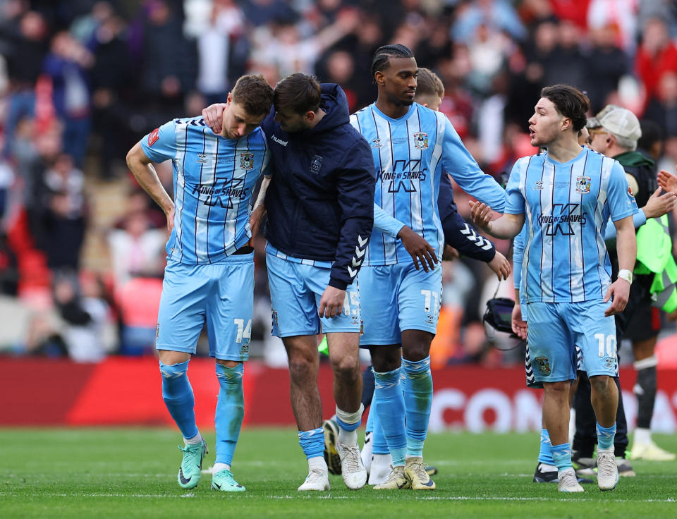 Soccer Football - FA Cup - Semi Final - Coventry City v Manchester United - Wembley Stadium, London, Britain - April 21, 2024 Coventry City's Callum O'Hare, Ben Sheaf, Liam Kitching and Haji Wright look dejected after losing the penalty shootout REUTERS/Toby Melville