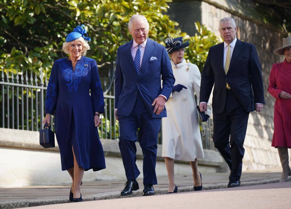WINDSOR, ENGLAND - APRIL 09: King Charles III and Camilla, Queen Consort, Princess Anne, Princess Royal (2nd R) and the Prince Andrew, Duke of York (R) attend the Easter Mattins Service at Windsor Castle on April 9, 2023 in Windsor, England. (Photo by Yui Mok - WPA Pool/Getty Images)