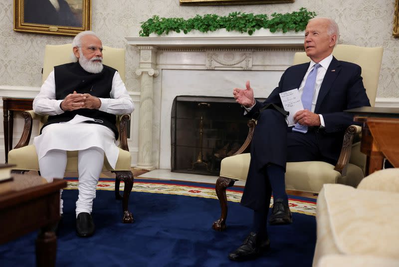 FILE PHOTO: U.S. President Joe Biden meets with India's Prime Minister Narendra Modi at the White House in Washington