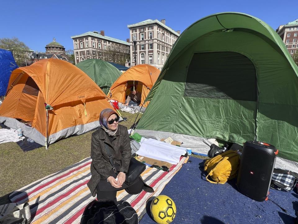 Nahla Al-Arian visits the pro-Palestinian protesters encampment on the campus of Columbia University, Thursday, April 25, 2024, in New York. (Laila Al-Arian via AP)