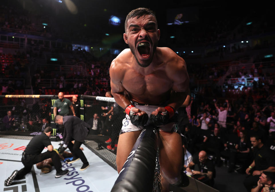 RIO DE JANEIRO, BRAZIL - JANUARY 21: Ismael Bonfim of Brazil reacts after his knockout victory over Terrance McKinney in a lightweight fight during the UFC 283 event at Jeunesse Arena on January 21, 2023 in Rio de Janeiro, Brazil. (Photo by Buda Mendes/Zuffa LLC via Getty Images)