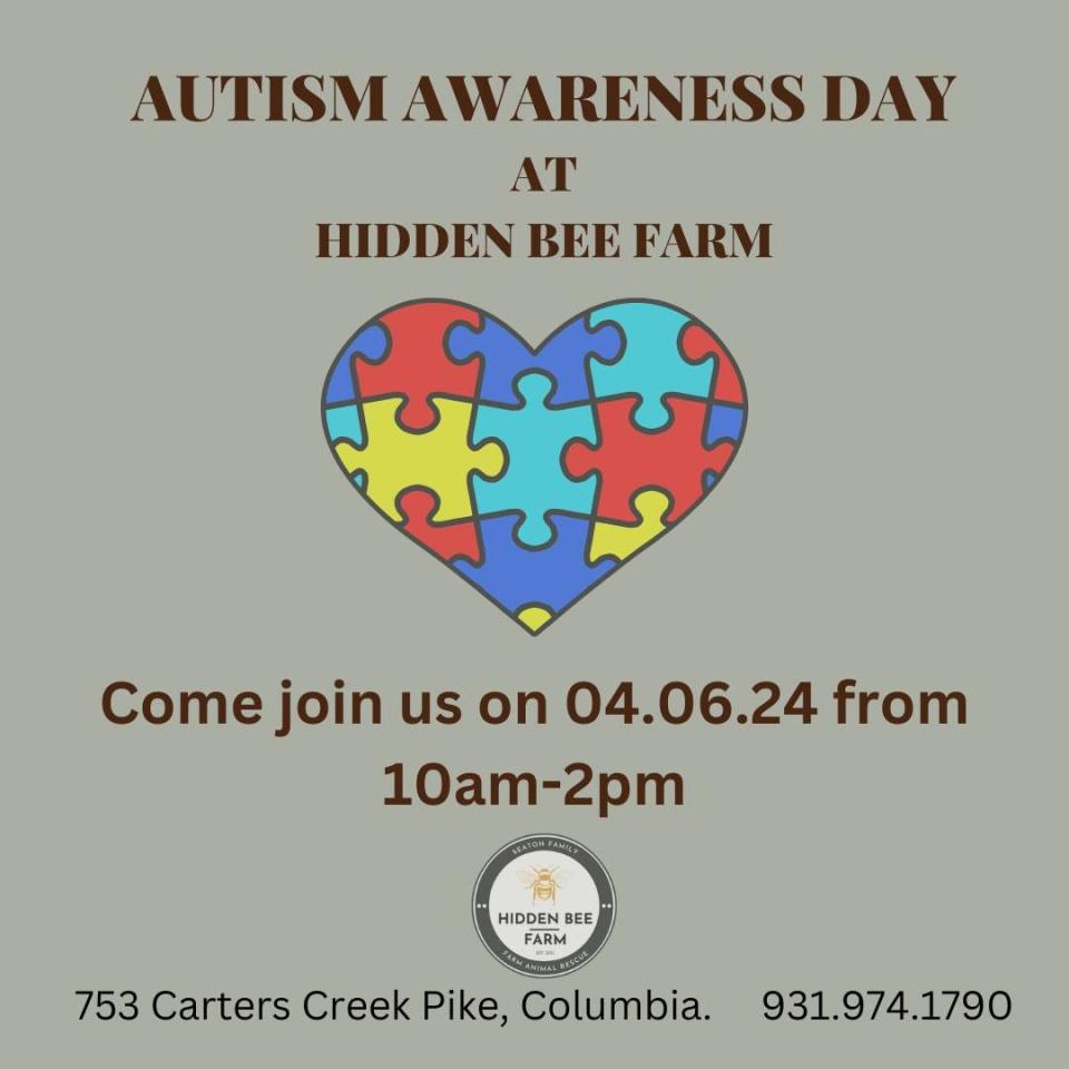 Hidden Bee Animal Rescue will host an Autism Awareness event from 10 a.m. to 2 p.m. Saturday.