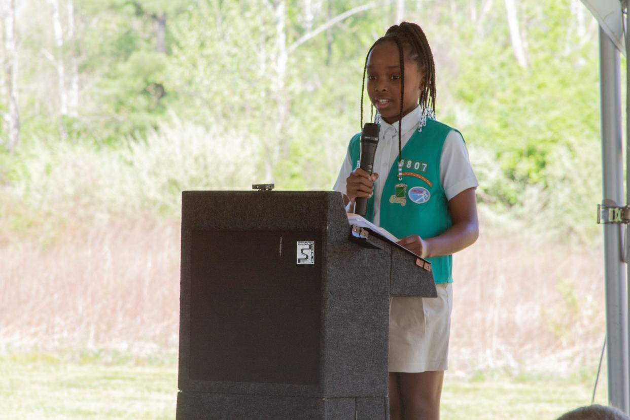 Jasmine Davis, a Junior Girl Scout, read the poem "The Power to Become" to open Tuesday's groundbreaking event for the Girl Scouts of Ohio's Heartland's new STEM Leadership Center & Maker Space in Galloway.