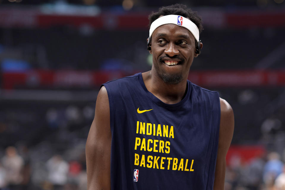 LOS ANGELES, CALIFORNIA - MARCH 25: Pascal Siakam #43 of the Indiana Pacers warms up prior to the game against the Los Angeles Clippers at Crypto.com Arena on March 25, 2024 in Los Angeles, California. NOTE TO USER: User expressly acknowledges and agrees that, by downloading and or using this photograph, User is consenting to the terms and conditions of the Getty Images License Agreement. (Photo by Katelyn Mulcahy/Getty Images)