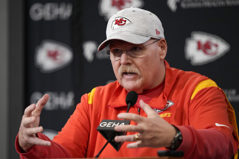 Kansas City Chiefs head coach Andy Reid talks to the media before an NFL football workout Thursday, Feb. 2, 2023, in Kansas City, Mo. The Chiefs are scheduled to play the Philadelphia Eagles in Super Bowl LVII on Sunday, Feb. 12, 2023. (AP Photo/Charlie Riedel)