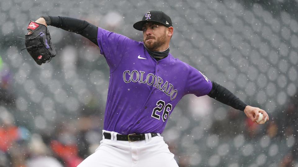 Colorado Rockies starting pitcher Austin Gomber (26) in the first inning of a baseball game Wednesday, April 21, 2021, in Denver. (AP Photo/David Zalubowski)