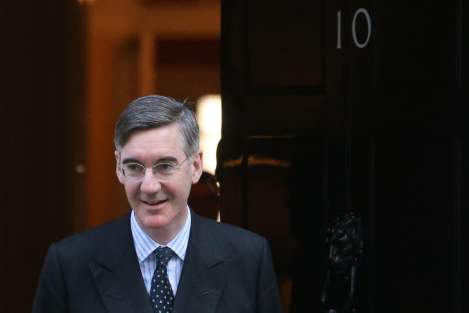 Britain's Leader of the House of Commons Jacob Rees-Mogg leaves 10 Downing street in central London on October 28, 2019. - European Union members agreed today to postpone Brexit for up to three months, stepping in with their decision less than 90 hours before Britain was due to crash out with no divorce deal (Photo by ISABEL INFANTES / AFP) (Photo by ISABEL INFANTES/AFP via Getty Images)