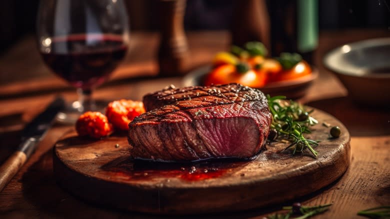 A steak on serving board 